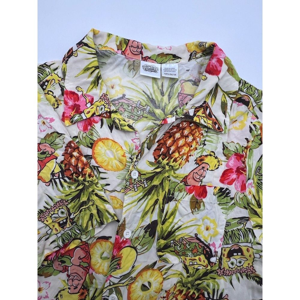 Spongebob Squarepants Shirt Adult Medium Orange Floral Hawaiian Nickelodeon Mens